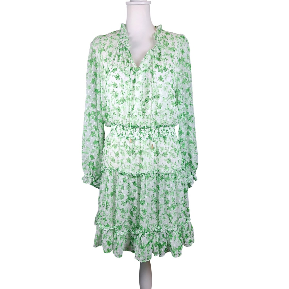 Skies Are Blue Sweet Floral Mini Dress Womens Medium Green White Smocked Tiered